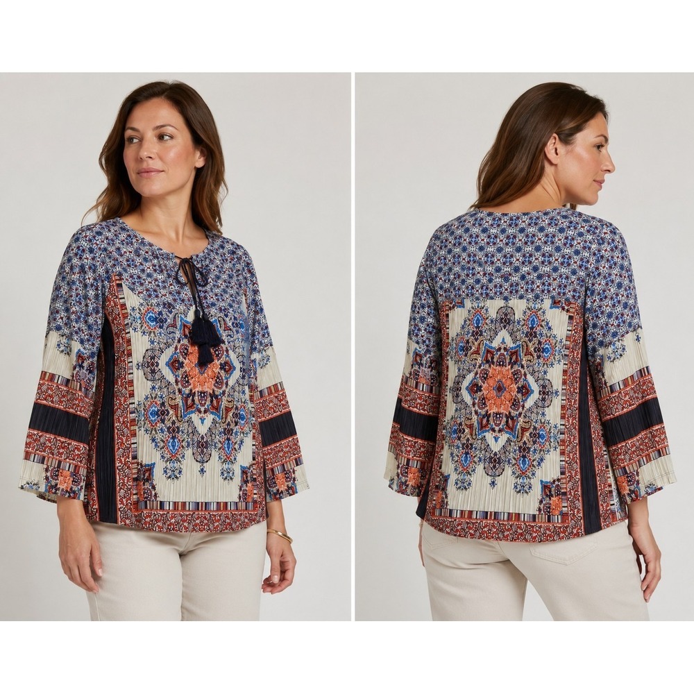 Valerie Stevens Women's Boho Medallion Peasant Blouse Tassel Tie 3/4 Sleeve Size